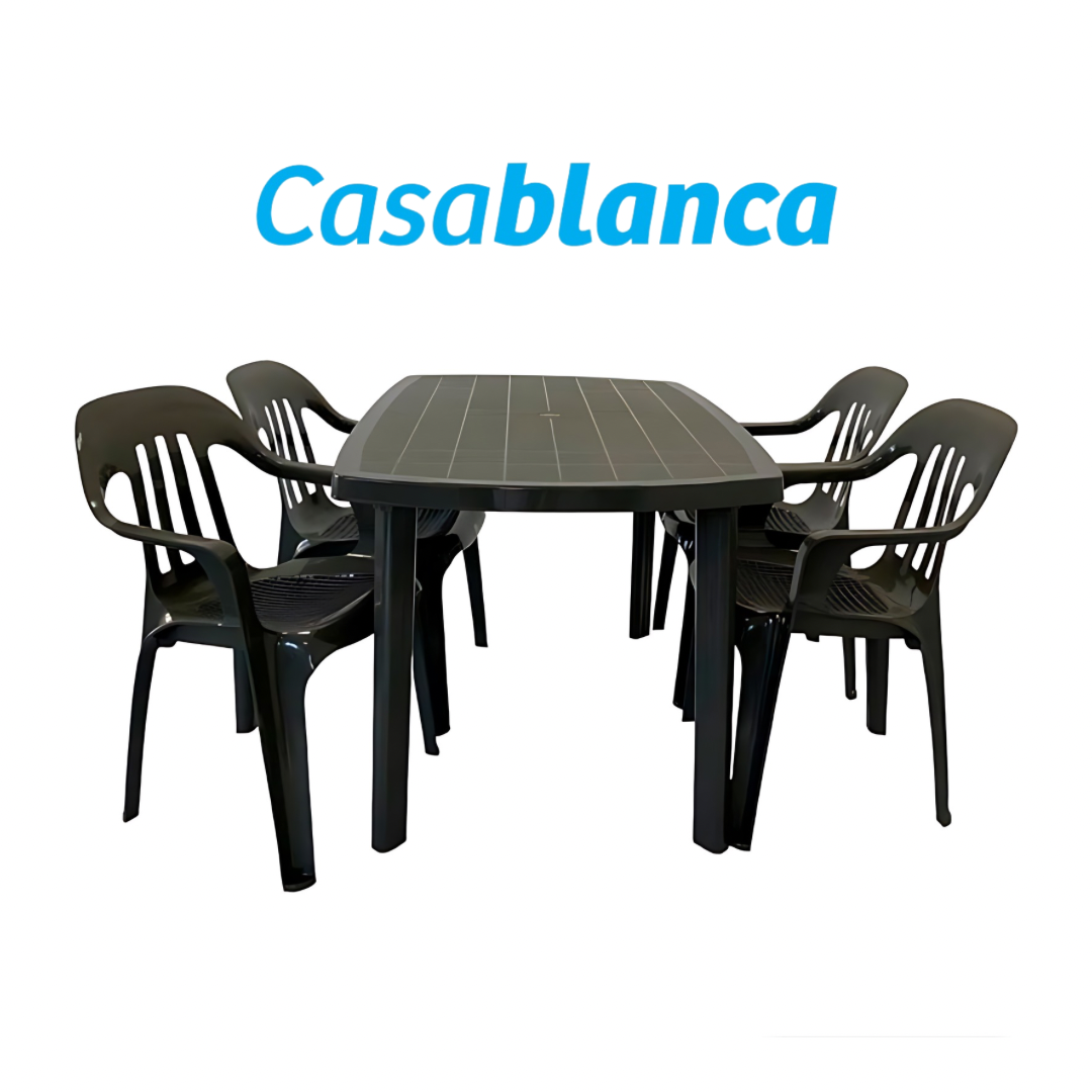 SET DE 4 SILLAS PLASTICA CON BRAZO + MESA PLASTICA OVALADA